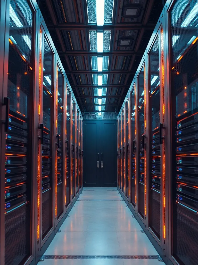 Server racks in a data center with soft sand colored glowing
